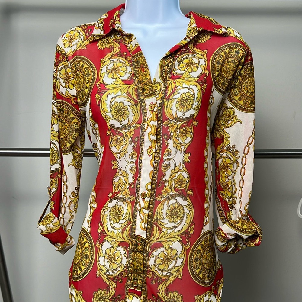 Baroque Print Sheer Button Up Blouse
